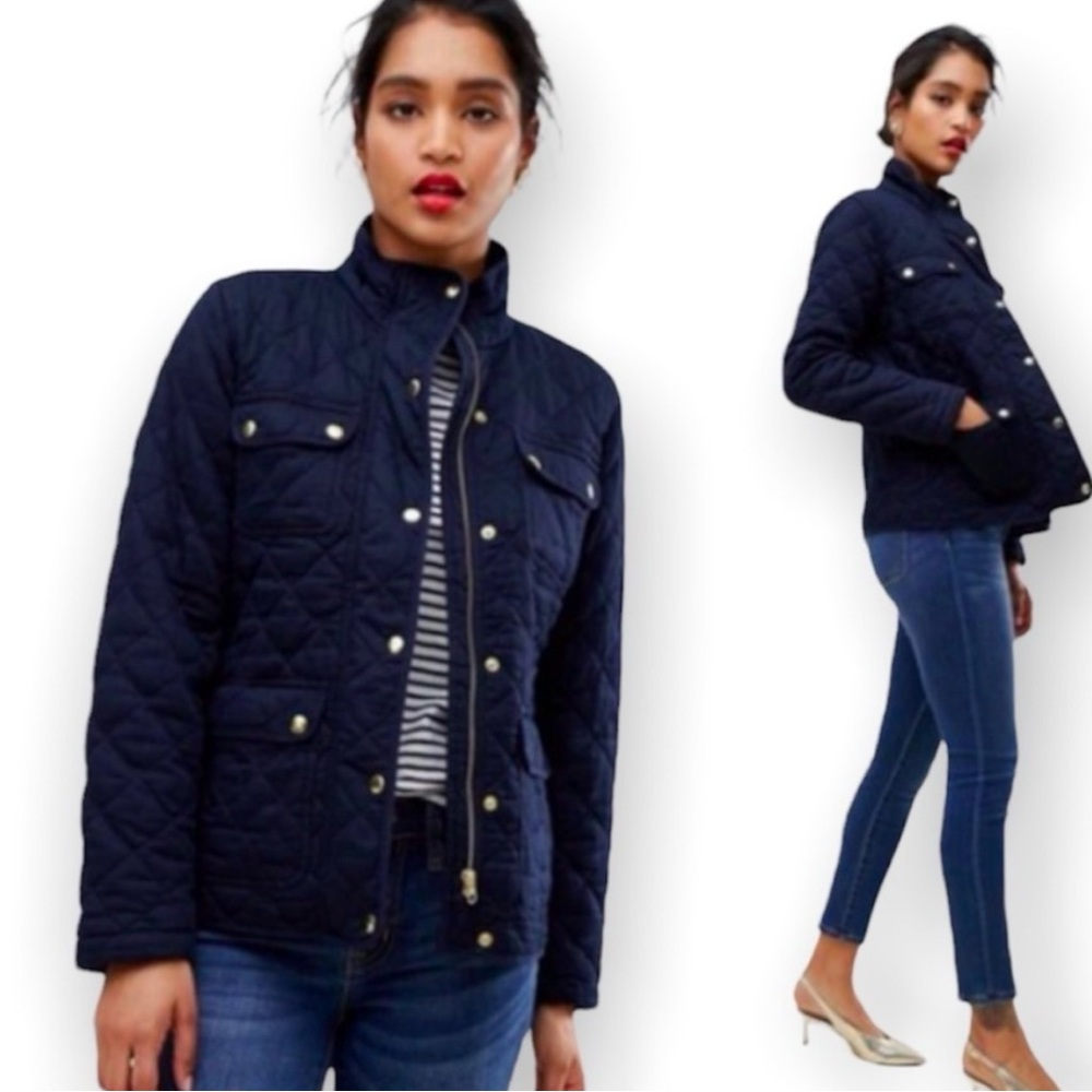 J. Crew mercantile Navy Quilted Utility Jacket gold zip & snap closure Medium
